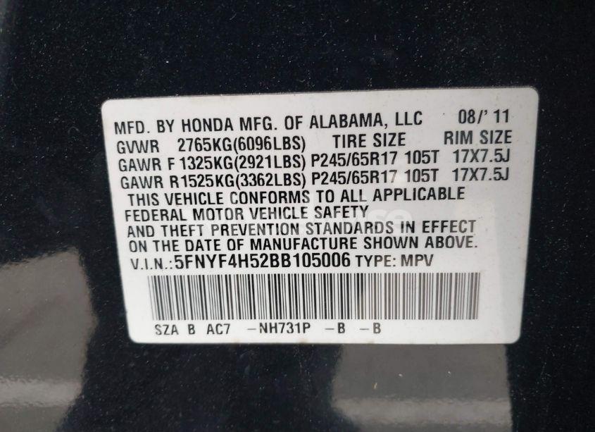Photo 9 of 2011 Honda Pilot EX-L (VIN 5FNYF4H52BB105006)