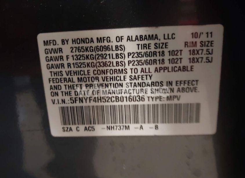 Photo 9 of 2012 Honda Pilot EX-L (VIN 5FNYF4H52CB016036)