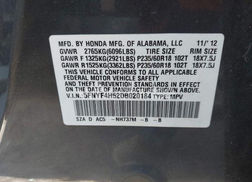 Photo 9 of 2013 Honda Pilot EX-L (VIN 5FNYF4H52DB020184)
