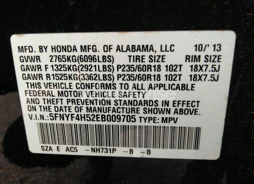 Photo 9 of 2014 Honda Pilot EX-L (VIN 5FNYF4H52EB009705)