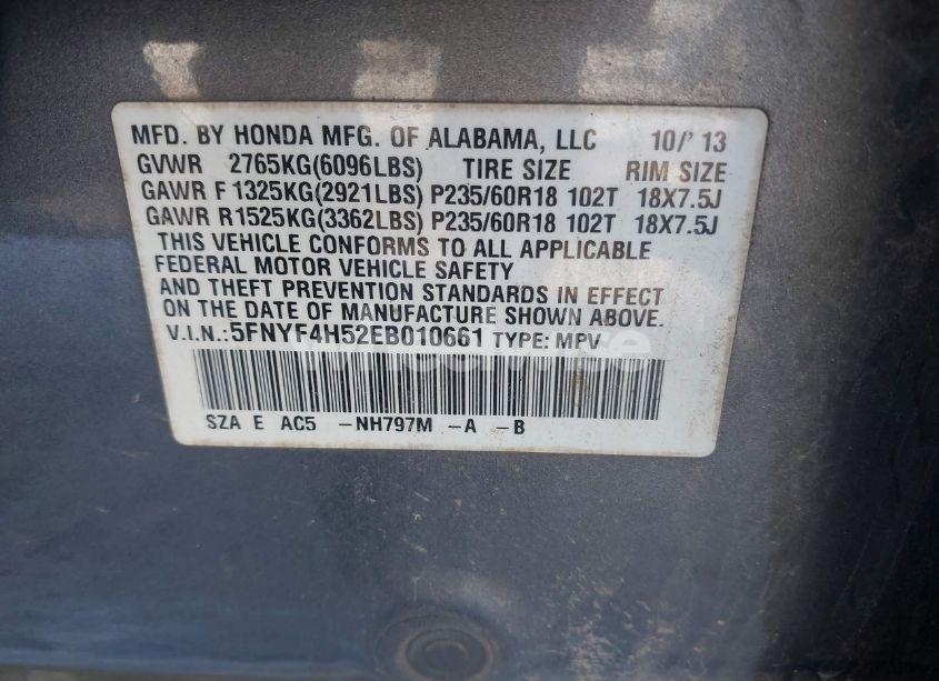 Photo 9 of 2014 Honda Pilot EX-L (VIN 5FNYF4H52EB010661)