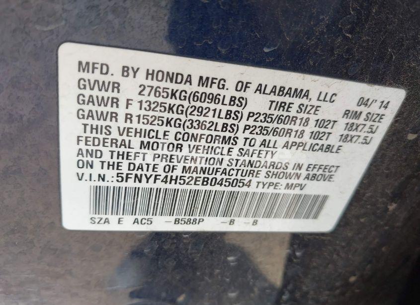 Photo 9 of 2014 Honda Pilot EX-L (VIN 5FNYF4H52EB045054)