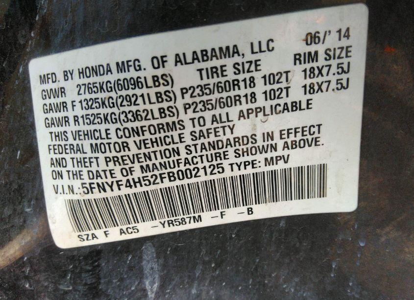 Photo 9 of 2015 Honda Pilot EX-L (VIN 5FNYF4H52FB002125)