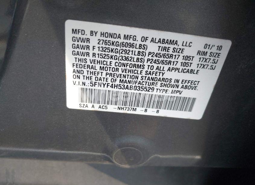Photo 9 of 2010 Honda Pilot EX-L (VIN 5FNYF4H53AB035529)