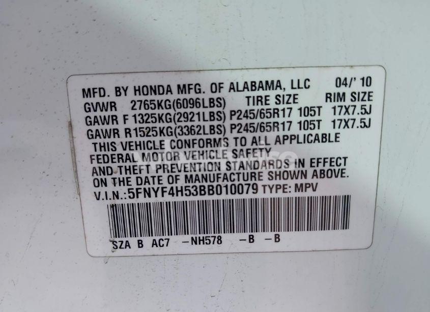 Photo 9 of 2011 Honda Pilot EX-L (VIN 5FNYF4H53BB010079)