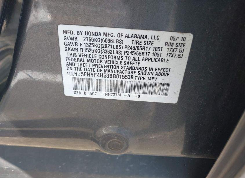 Photo 9 of 2011 Honda Pilot EX-L (VIN 5FNYF4H53BB015539)