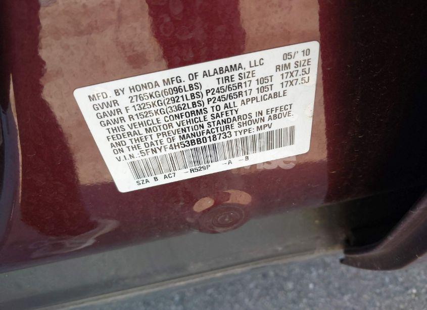 Photo 9 of 2011 Honda Pilot EX-L (VIN 5FNYF4H53BB018733)