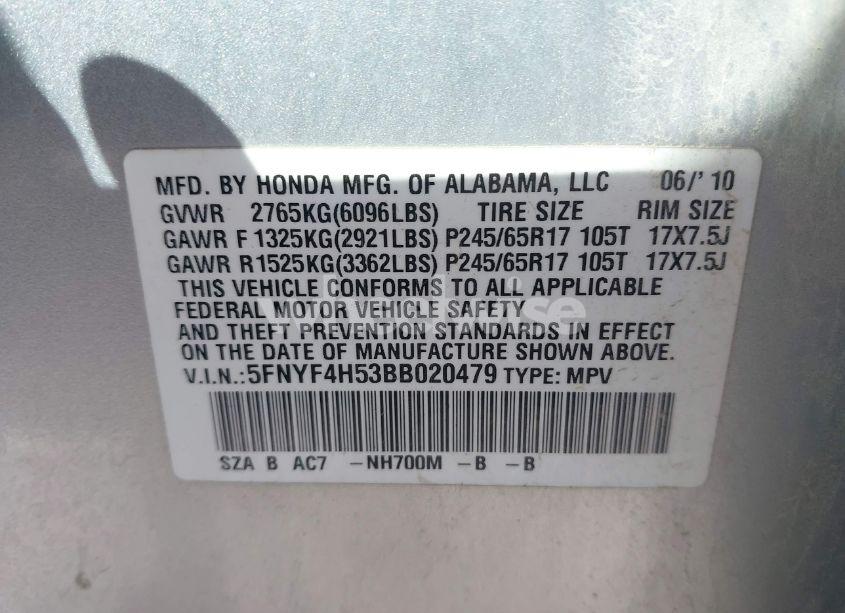 Photo 9 of 2011 Honda Pilot EX-L (VIN 5FNYF4H53BB020479)