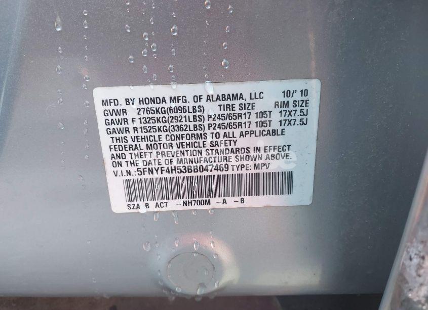 Photo 9 of 2011 Honda Pilot EX-L (VIN 5FNYF4H53BB047469)
