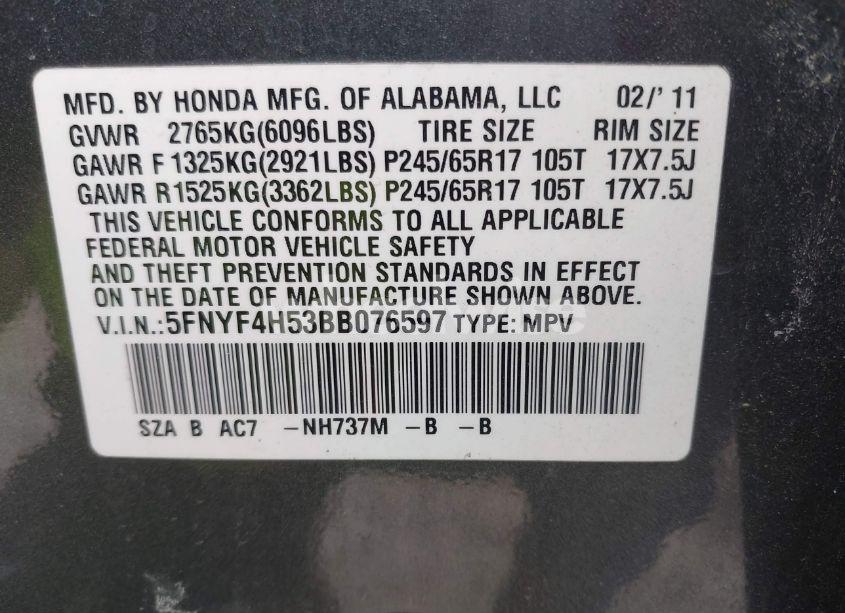 Photo 9 of 2011 Honda Pilot EX-L (VIN 5FNYF4H53BB076597)