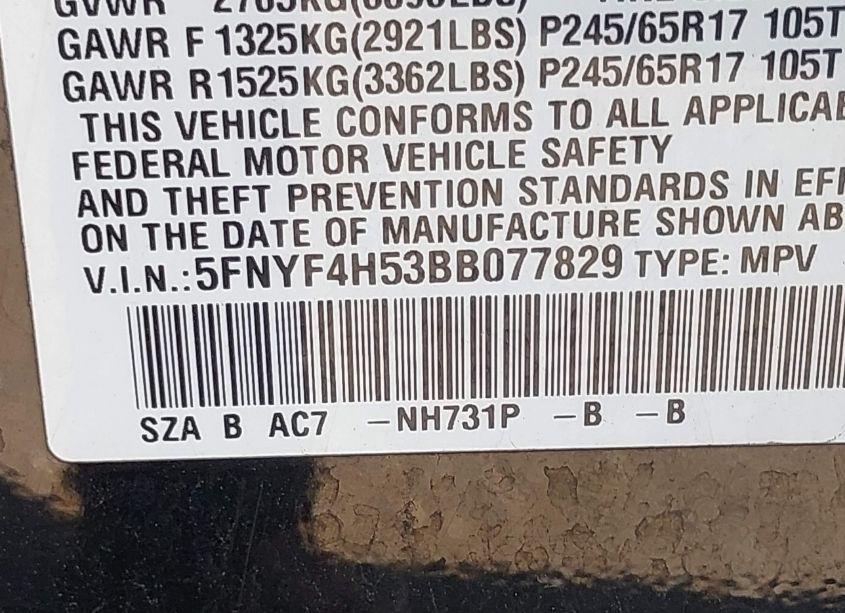 Photo 9 of 2011 Honda Pilot EX-L (VIN 5FNYF4H53BB077829)