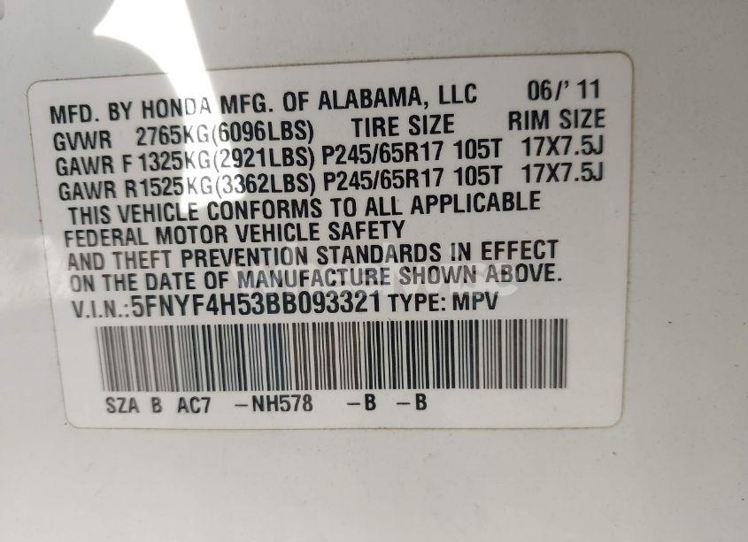 Photo 9 of 2011 Honda Pilot EX-L (VIN 5FNYF4H53BB093321)