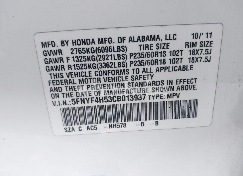 Photo 9 of 2012 Honda Pilot EX-L (VIN 5FNYF4H53CB013937)