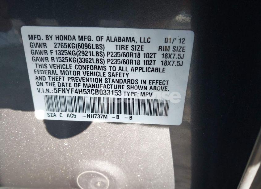 Photo 9 of 2012 Honda Pilot EX-L (VIN 5FNYF4H53CB033153)