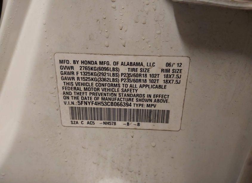 Photo 9 of 2012 Honda Pilot EX-L (VIN 5FNYF4H53CB066394)