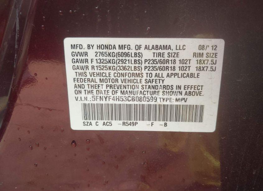 Photo 9 of 2012 Honda Pilot EX-L (VIN 5FNYF4H53CB080599)