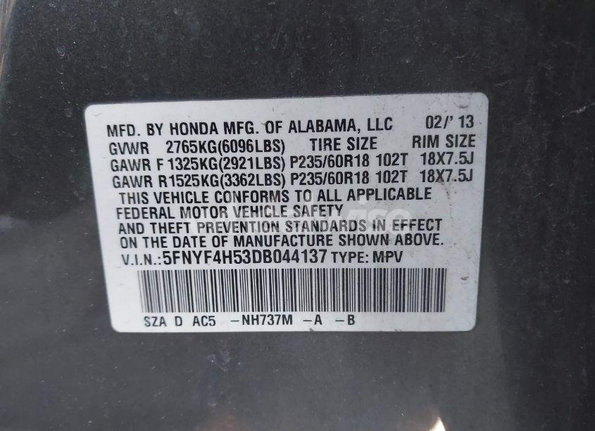 Photo 9 of 2013 Honda Pilot EX-L (VIN 5FNYF4H53DB044137)