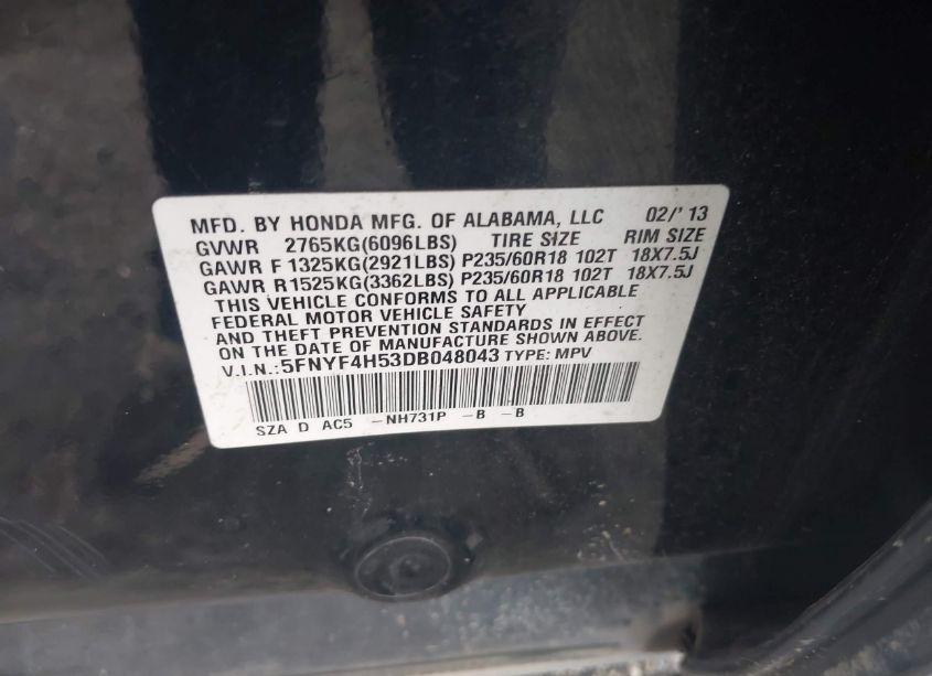 Photo 9 of 2013 Honda Pilot EX-L (VIN 5FNYF4H53DB048043)