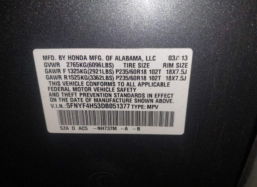 Photo 9 of 2013 Honda Pilot EX-L (VIN 5FNYF4H53DB051377)