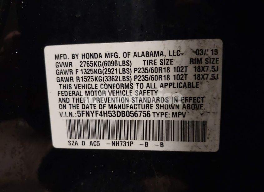 Photo 9 of 2013 Honda Pilot EX-L (VIN 5FNYF4H53DB056756)