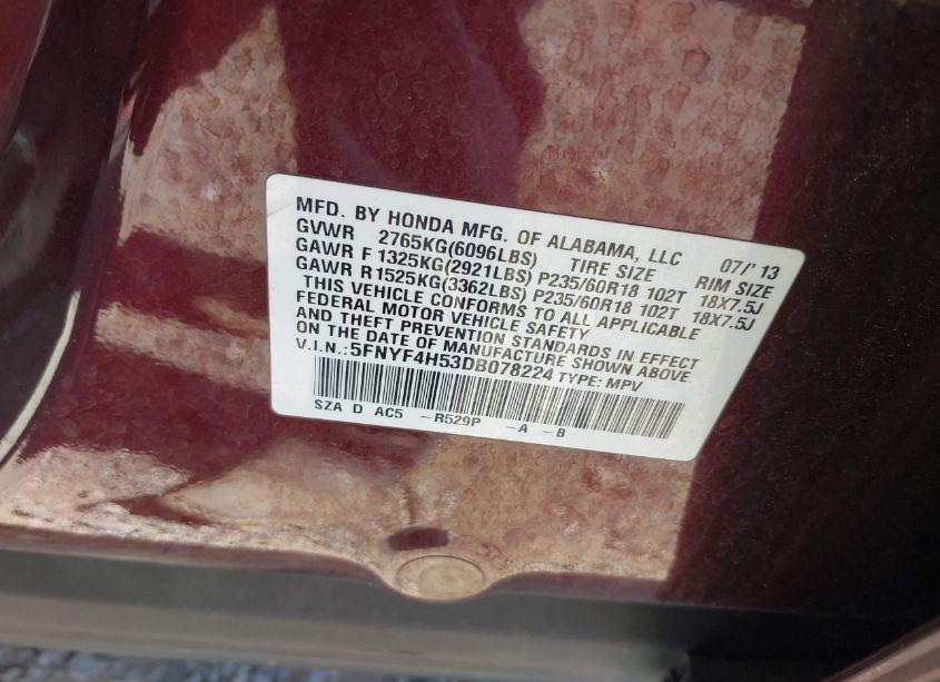 Photo 9 of 2013 Honda Pilot EX-L (VIN 5FNYF4H53DB078224)