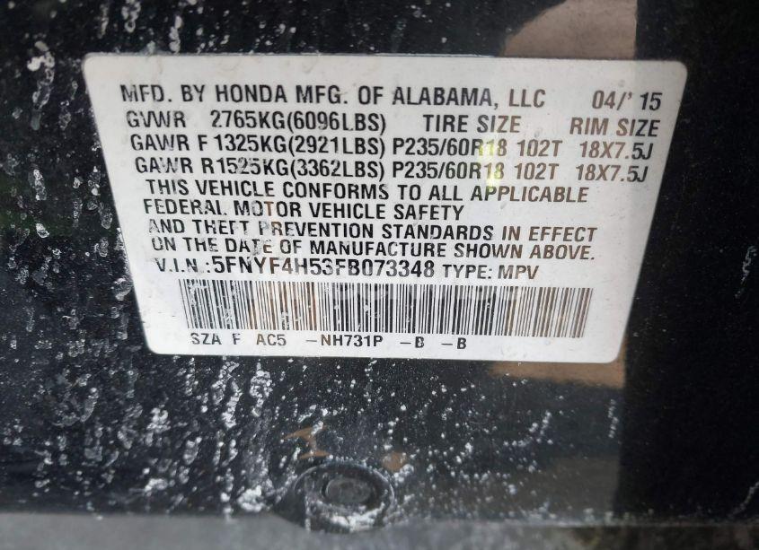 Photo 9 of 2015 Honda Pilot EX-L (VIN 5FNYF4H53FB073348)