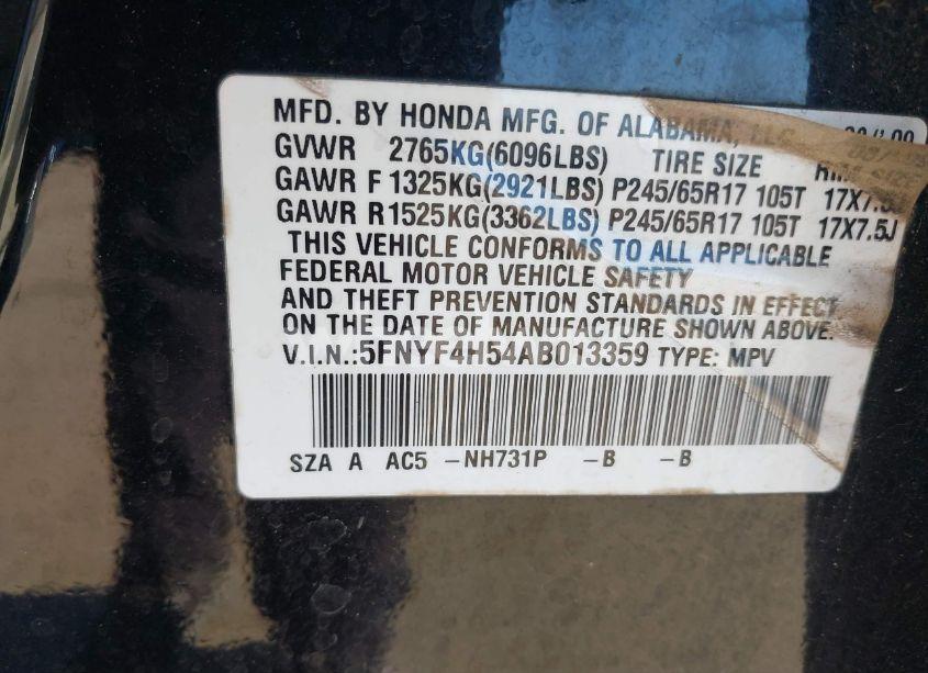 Photo 9 of 2010 Honda Pilot EX-L (VIN 5FNYF4H54AB013359)