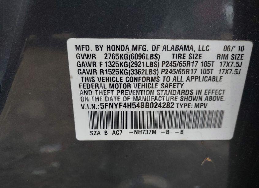 Photo 9 of 2011 Honda Pilot EX-L (VIN 5FNYF4H54BB024282)