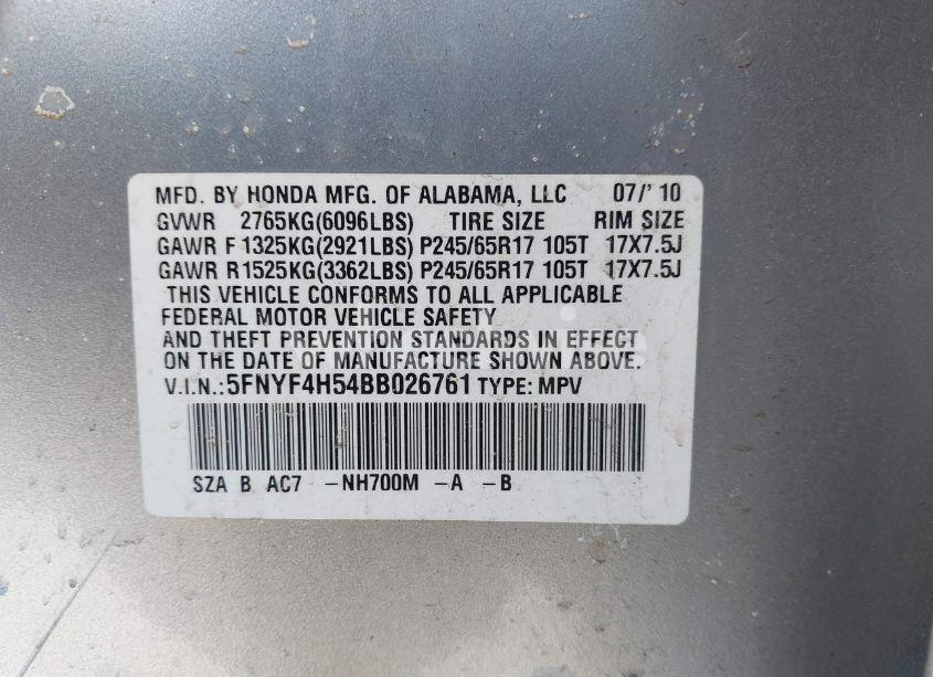 Photo 9 of 2011 Honda Pilot EX-L (VIN 5FNYF4H54BB026761)