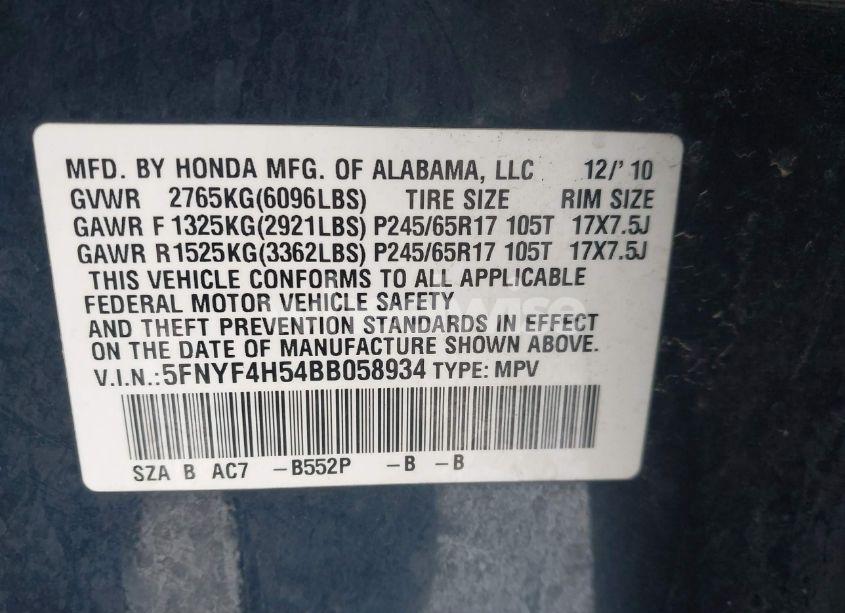 Photo 9 of 2011 Honda Pilot EX-L (VIN 5FNYF4H54BB058934)