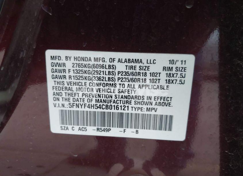 Photo 9 of 2012 Honda Pilot EX-L (VIN 5FNYF4H54CB016121)