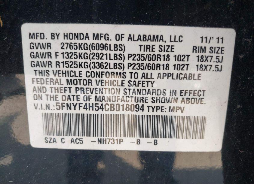 Photo 9 of 2012 Honda Pilot EX-L (VIN 5FNYF4H54CB018094)