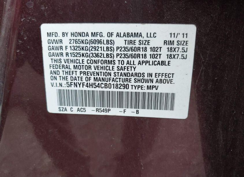 Photo 9 of 2012 Honda Pilot EX-L (VIN 5FNYF4H54CB018290)