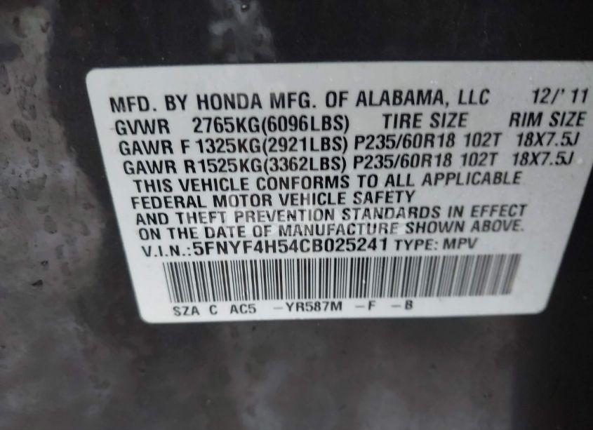 Photo 9 of 2012 Honda Pilot EX-L (VIN 5FNYF4H54CB025241)