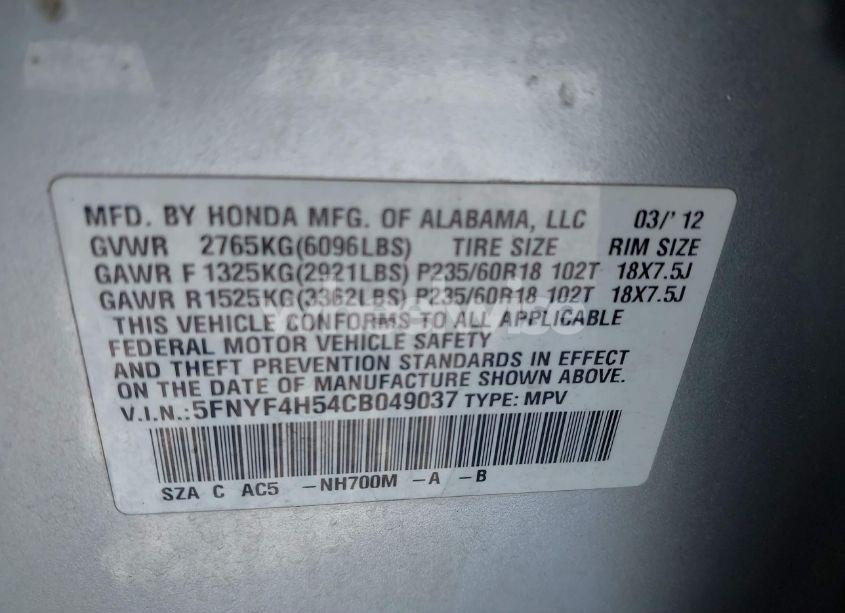 Photo 9 of 2012 Honda Pilot EX-L (VIN 5FNYF4H54CB049037)