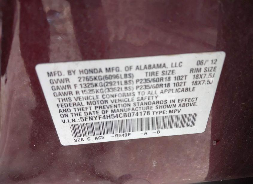 Photo 9 of 2012 Honda Pilot EX-L (VIN 5FNYF4H54CB074178)