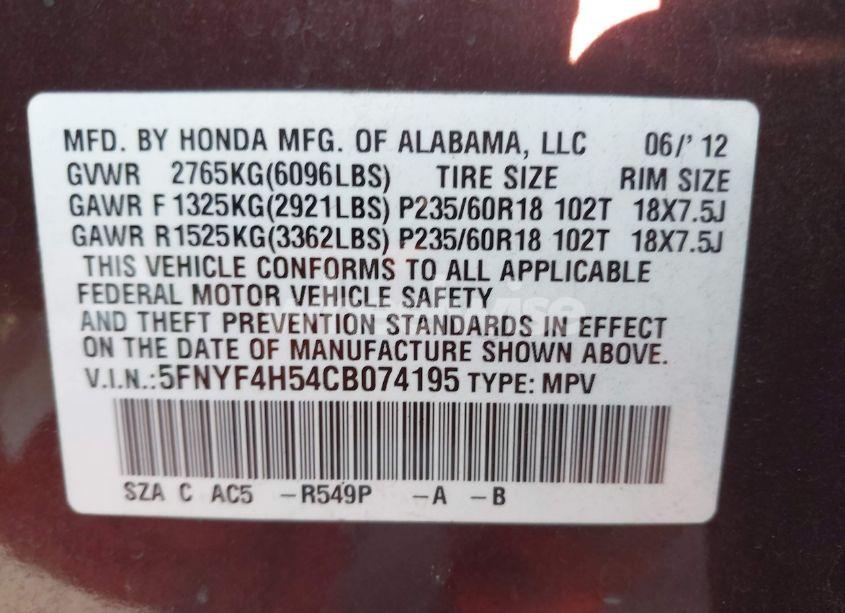 Photo 9 of 2012 Honda Pilot EX-L (VIN 5FNYF4H54CB074195)