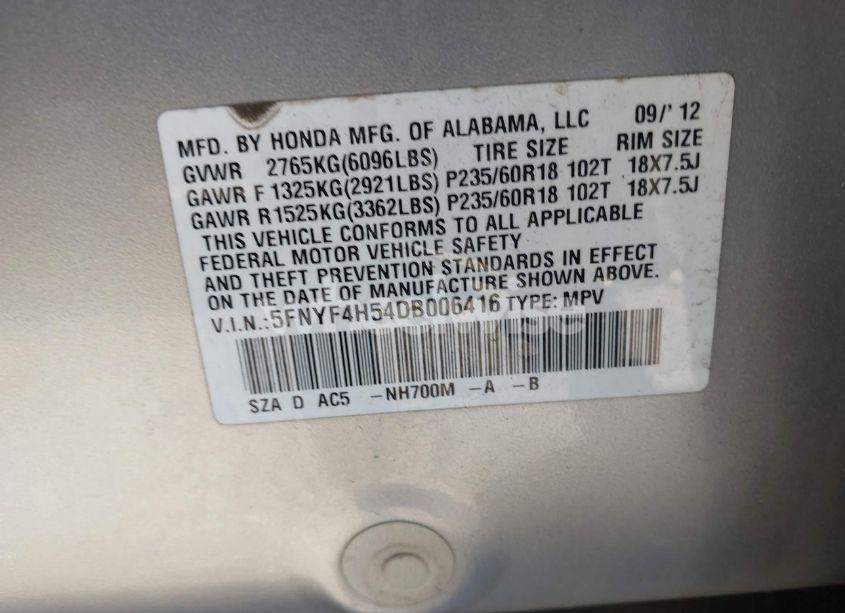 Photo 9 of 2013 Honda Pilot EX-L (VIN 5FNYF4H54DB006416)