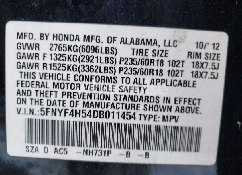Photo 9 of 2013 Honda Pilot EX-L (VIN 5FNYF4H54DB011454)
