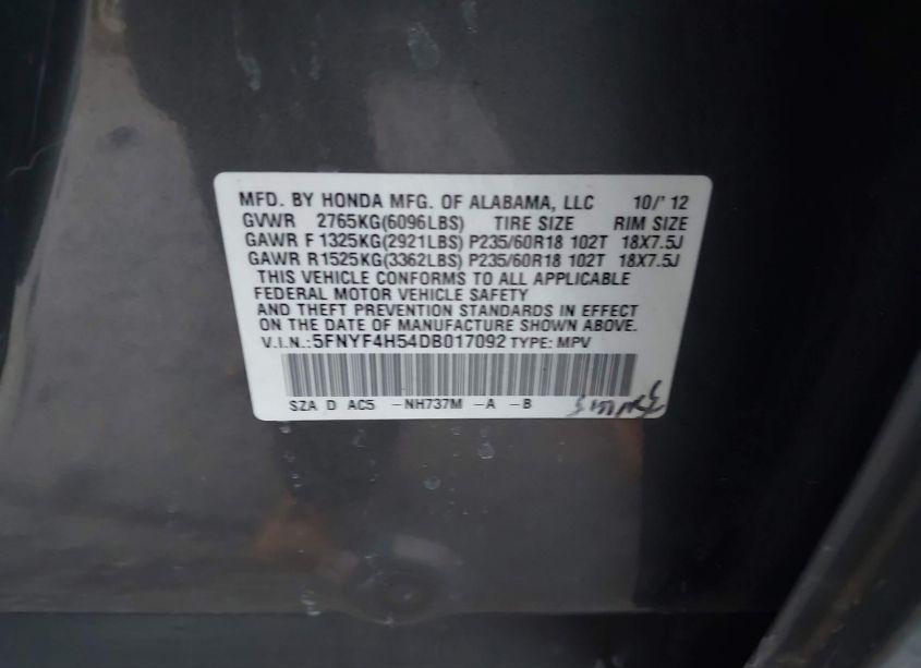 Photo 9 of 2013 Honda Pilot EX-L (VIN 5FNYF4H54DB017092)