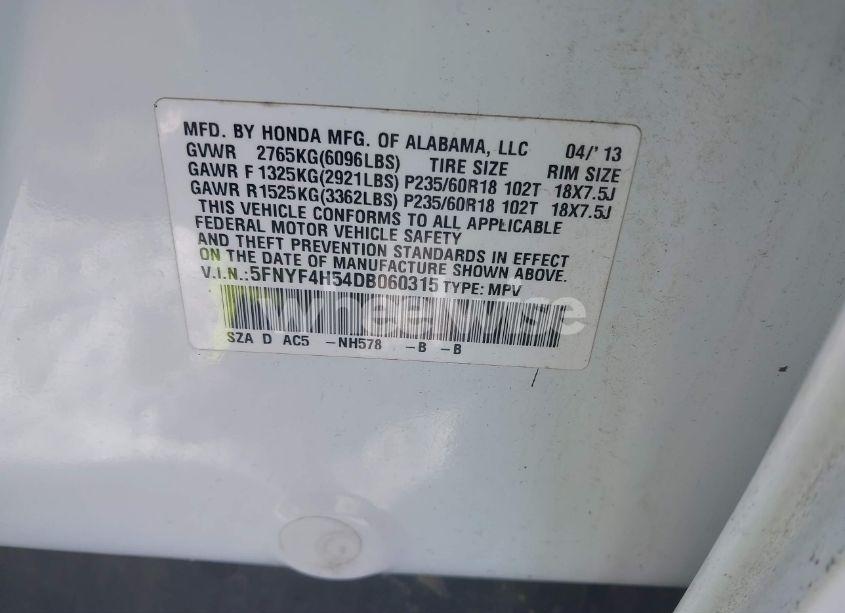 Photo 9 of 2013 Honda Pilot EX-L (VIN 5FNYF4H54DB060315)