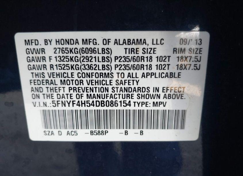 Photo 9 of 2013 Honda Pilot EX-L (VIN 5FNYF4H54DB086154)