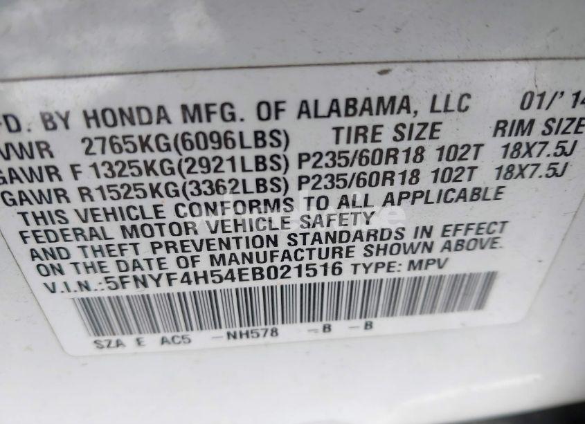 Photo 9 of 2014 Honda Pilot EX-L (VIN 5FNYF4H54EB021516)