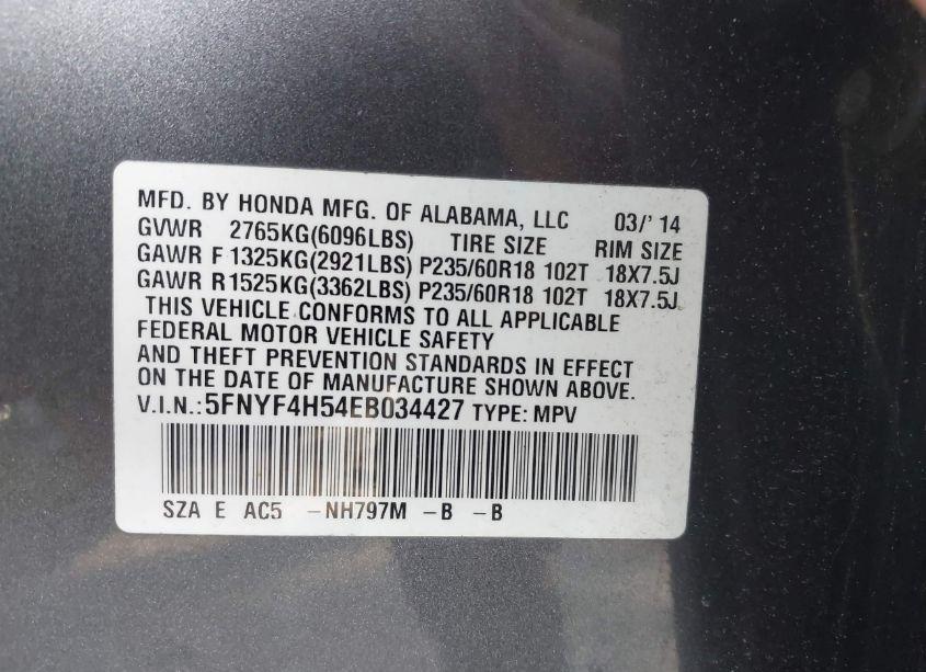 Photo 9 of 2014 Honda Pilot EX-L (VIN 5FNYF4H54EB034427)