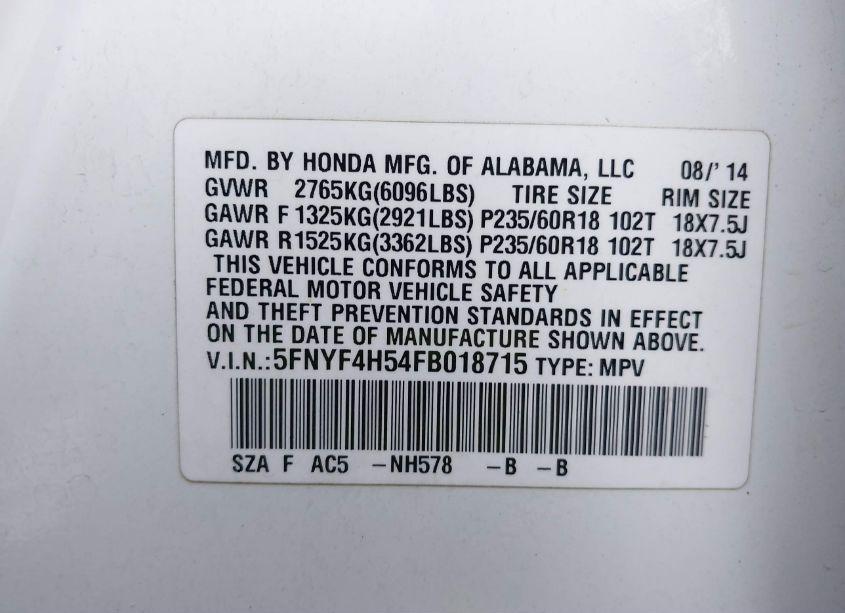 Photo 9 of 2015 Honda Pilot EX-L (VIN 5FNYF4H54FB018715)