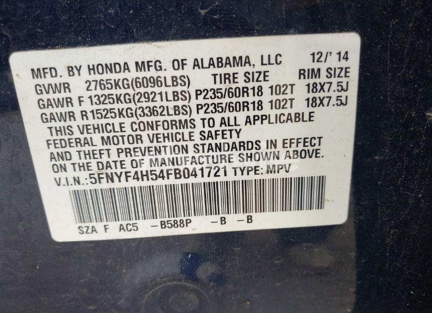 Photo 9 of 2015 Honda Pilot EX-L (VIN 5FNYF4H54FB041721)