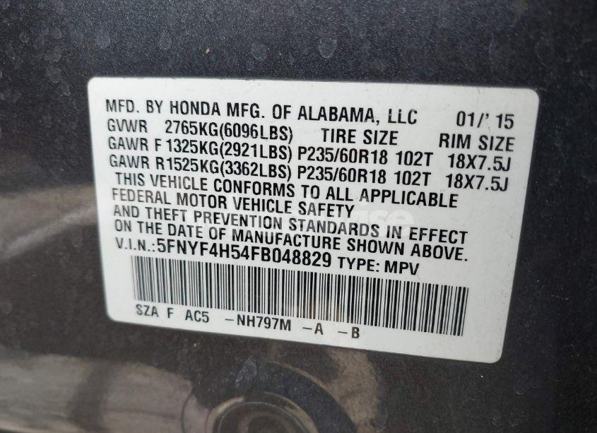 Photo 9 of 2015 Honda Pilot EX-L (VIN 5FNYF4H54FB048829)