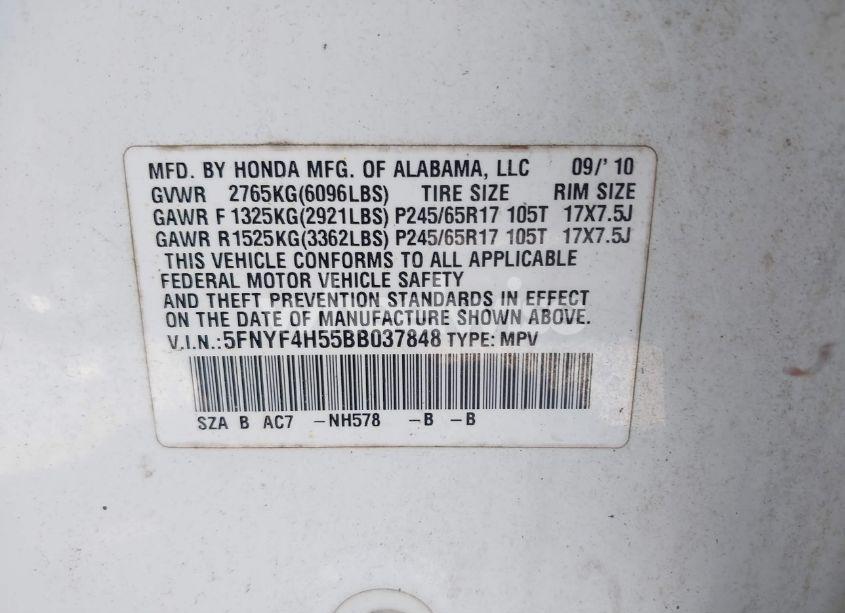 Photo 9 of 2011 Honda Pilot EX-L (VIN 5FNYF4H55BB037848)