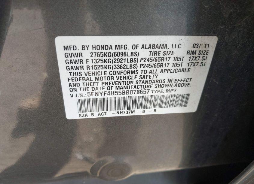 Photo 9 of 2011 Honda Pilot EX-L (VIN 5FNYF4H55BB078657)