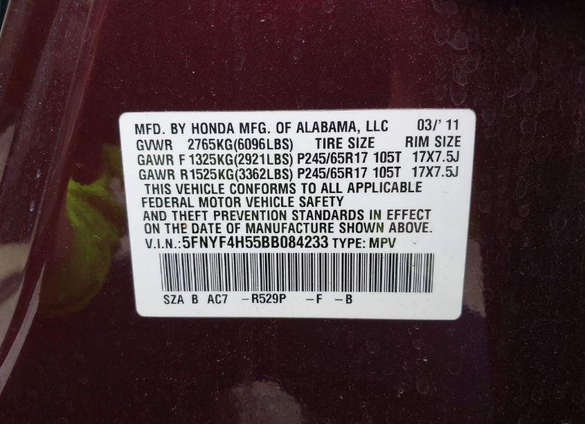 Photo 9 of 2011 Honda Pilot EX-L (VIN 5FNYF4H55BB084233)